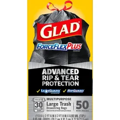 Glad ForceFlexPlus Drawstring Large Trash Bags, Large Size, 30 gal, 0.90 mil (23 Micron) Thickness, 50 Count - 78997