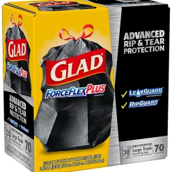 Glad® ForceFlexPlus™ Large Drawstring Trash Bags, 1.05 mil, 30 Gallon, Black, Box Of 70 Bags