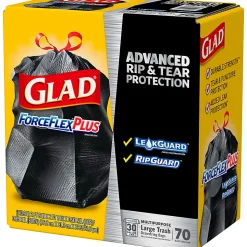 Glad® ForceFlexPlus™ Large Drawstring Trash Bags, 1.05 mil, 30 Gallon, Black, Box Of 70 Bags