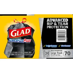 Glad® ForceFlexPlus™ Large Drawstring Trash Bags, 1.05 mil, 30 Gallon, Black, Box Of 70 Bags