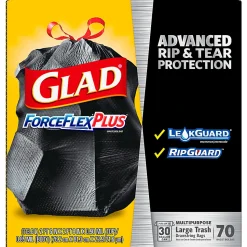 Glad® ForceFlexPlus™ Large Drawstring Trash Bags, 1.05 mil, 30 Gallon, Black, Box Of 70 Bags