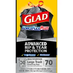 Glad® ForceFlexPlus™ Large Drawstring Trash Bags, 1.05 mil, 30 Gallon, Black, Box Of 70 Bags