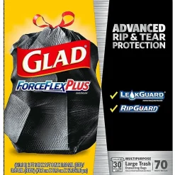 Glad® ForceFlexPlus™ Large Drawstring Trash Bags, 1.05 mil, 30 Gallon, Black, Box Of 70 Bags