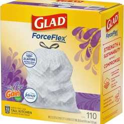 Glad ForceFlex Tall Kitchen Drawstring Trash Bags, 0.72 mil, 13 Gallon, Gain Lavender with Febreze Freshness, 110 Count
