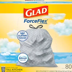 Glad ForceFlex Tall Kitchen Drawstring Trash Bags, 0.95 mil, 13 Gallon, Fresh Clean, 80 Count (78534)