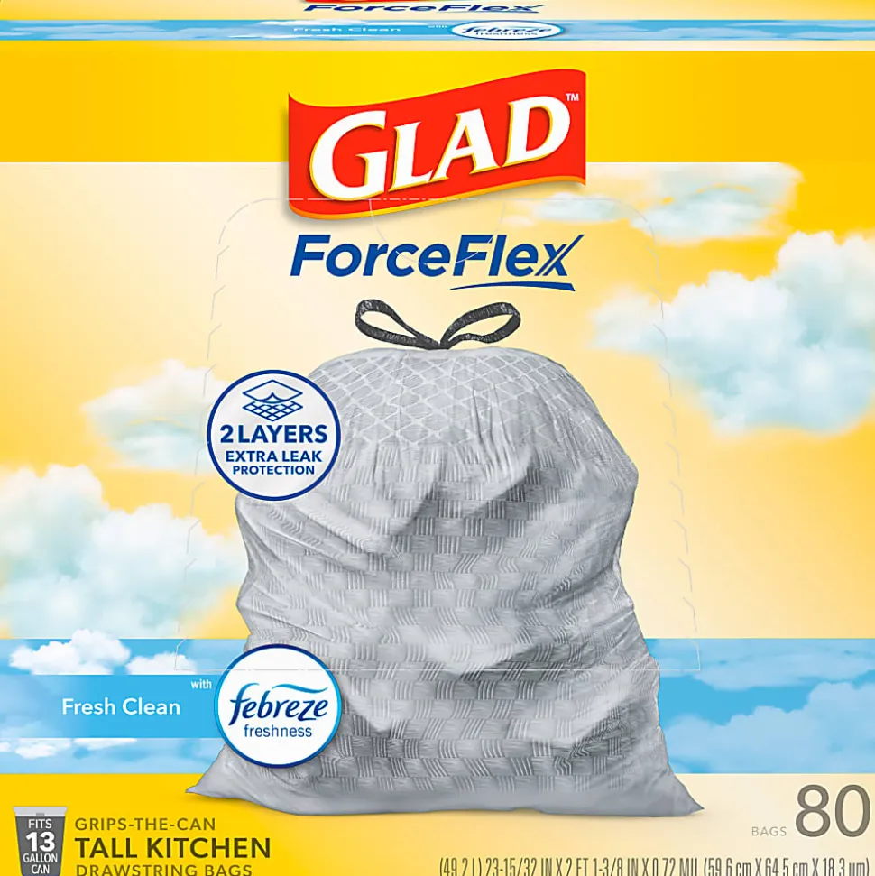 Glad ForceFlex Tall Kitchen Drawstring Trash Bags, 0.95 mil, 13 Gallon, Fresh Clean, 80 Count (78534)