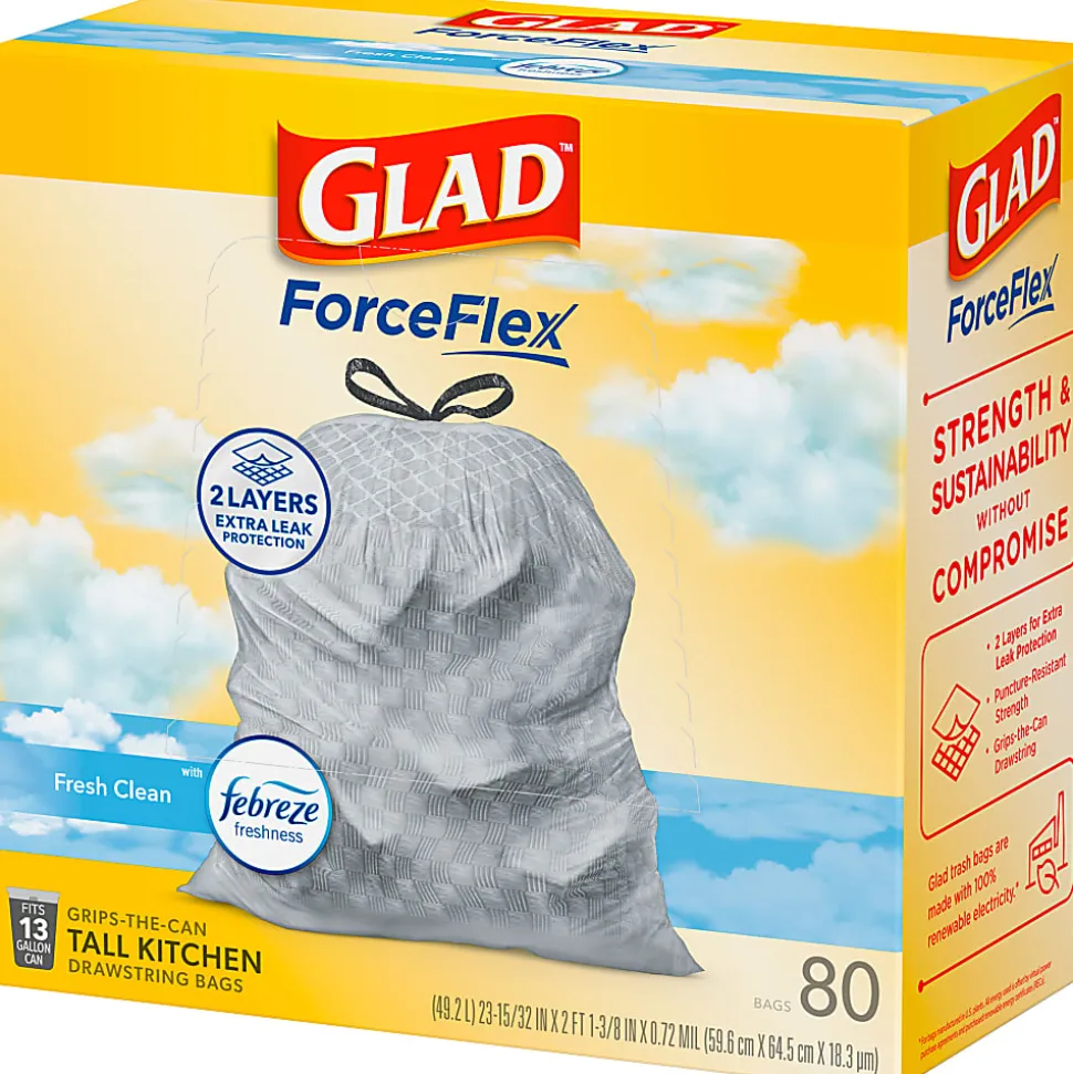 Glad ForceFlex Tall Kitchen Drawstring Trash Bags, 0.95 mil, 13 Gallon, Fresh Clean, 80 Count (78534)