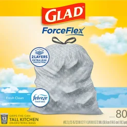 Glad ForceFlex Tall Kitchen Drawstring Trash Bags, 0.95 mil, 13 Gallon, Fresh Clean, 80 Count (78534)