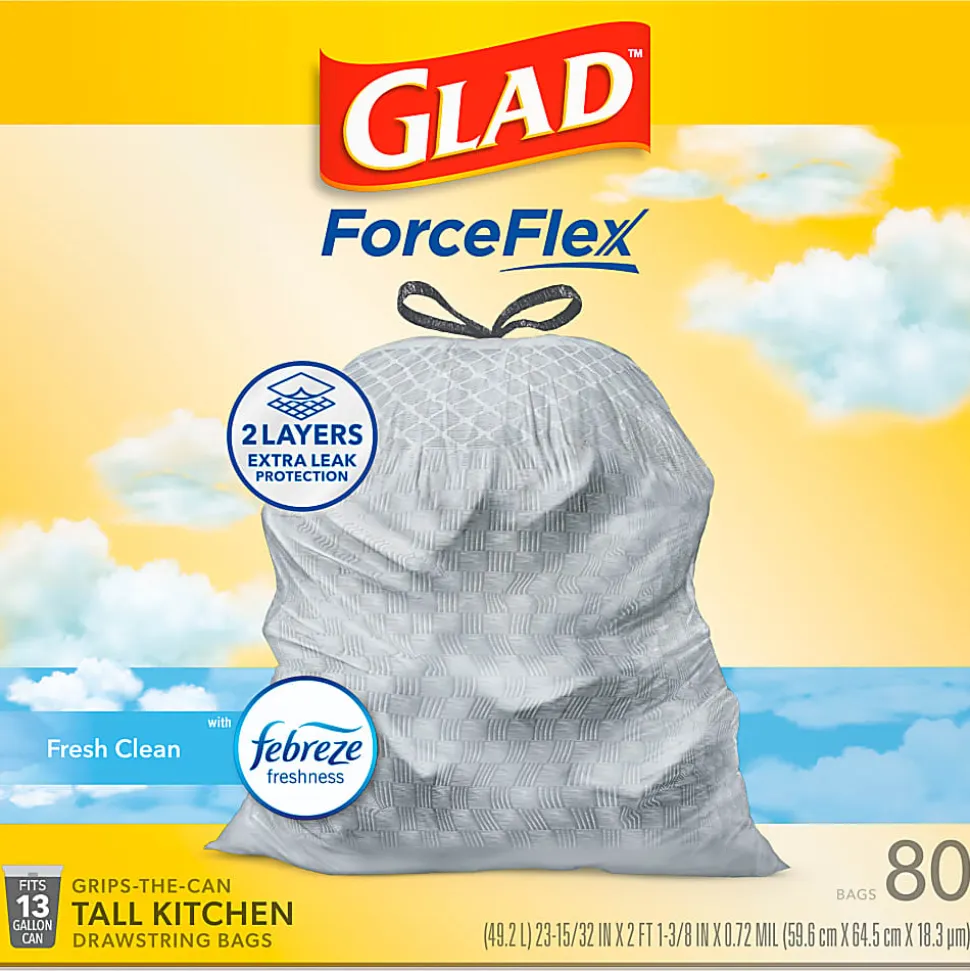 Glad ForceFlex Tall Kitchen Drawstring Trash Bags, 0.95 mil, 13 Gallon, Fresh Clean, 80 Count (78534)