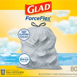 Glad ForceFlex Tall Kitchen Drawstring Trash Bags, 0.95 mil, 13 Gallon, Fresh Clean, 80 Count (78534)