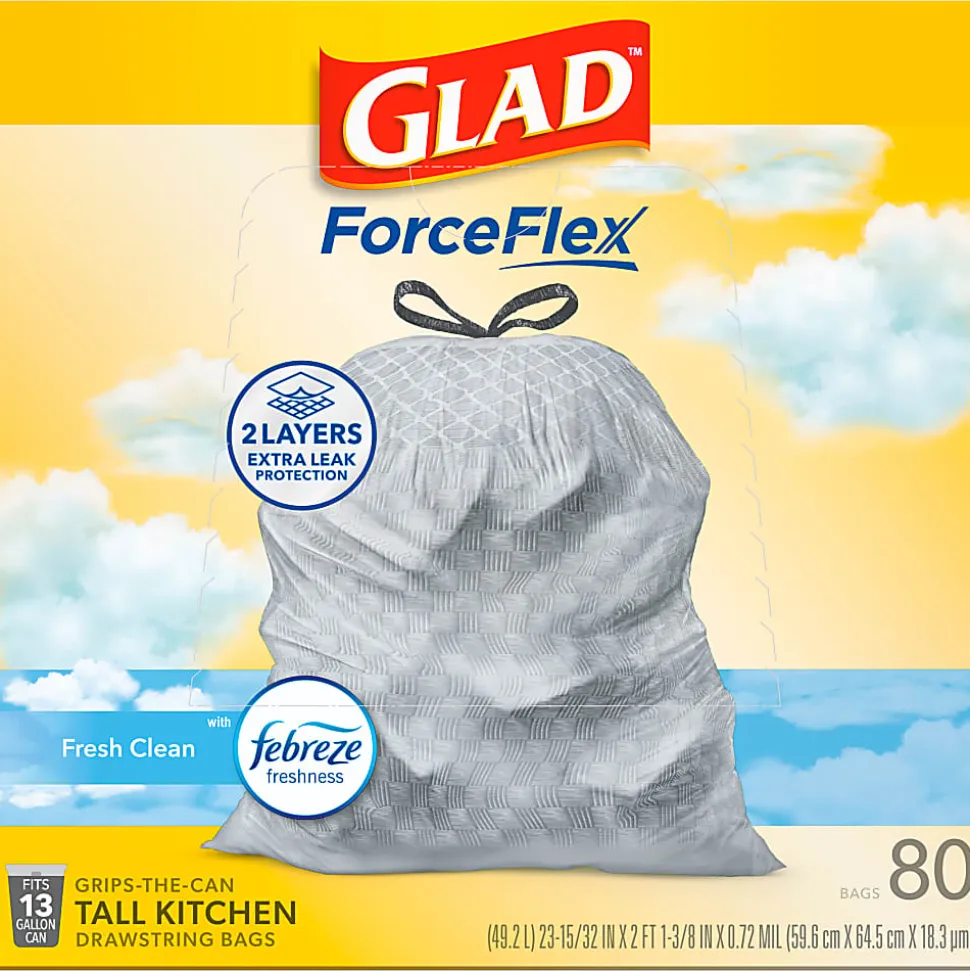 Glad ForceFlex Tall Kitchen Drawstring Trash Bags, 0.95 mil, 13 Gallon, Fresh Clean, 80 Count (78534)