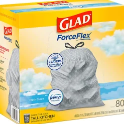 Glad ForceFlex Tall Kitchen Drawstring Trash Bags, 0.95 mil, 13 Gallon, Fresh Clean, 80 Count (78534)