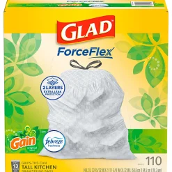 Glad ForceFlex Tall Kitchen Drawstring Trash Bags, 0.72 mil, 13 Gallon, Gain Original with Febreze Freshness, 110 Count