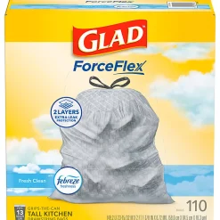 Glad® ForceFlex Tall Kitchen Drawstring Trash Bags, 0.72 mil, 13 Gallon, Gain Fresh Clean, 110 Count (78554)