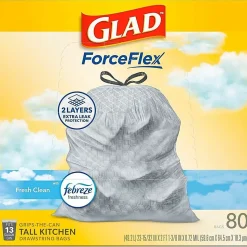 Glad® ForceFlex Tall Kitchen Drawstring Trash Bags With Febreze® Freshness, 13 Gallon, White, Total Qty 240