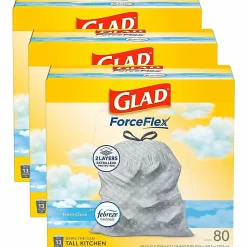 Glad® ForceFlex Tall Kitchen Drawstring Trash Bags With Febreze® Freshness, 13 Gallon, White, Total Qty 240
