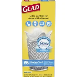 Glad® Medium Quick-Tie Trash Bags - OdorShield® 8 Gallon White Trash Bag, 0.74 mil, Febreze Fresh Clean - 26 Count