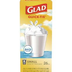 Glad® OdorShield® Quick-Tie® Small Trash Bags,  0.5 mil, Tie-Flap, 4 gal, Febreze Fresh Clean Scent, 8 x 18, White, 26 Bags/Box, 6 Boxes/Carton