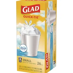 Glad® OdorShield® Quick-Tie® Small Trash Bags,  0.5 mil, Tie-Flap, 4 gal, Febreze Fresh Clean Scent, 8 x 18, White, 26 Bags/Box, 6 Boxes/Carton