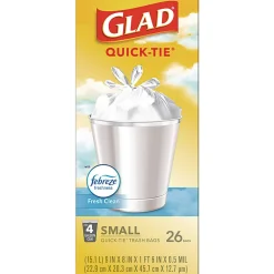 Glad® OdorShield® Quick-Tie® Small Trash Bags,  0.5 mil, Tie-Flap, 4 gal, Febreze Fresh Clean Scent, 8 x 18, White, 26 Bags/Box, 6 Boxes/Carton