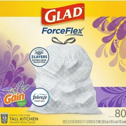 Glad® OdorShield Tall Kitchen Drawstring 0.78-mil Trash Bags, 13 Gallons, White, Pack Of 80 Bags