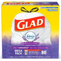 Glad® OdorShield Tall Kitchen Drawstring 0.78-mil Trash Bags, 13 Gallons, White, Pack Of 80 Bags