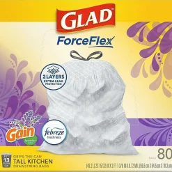 Glad® OdorShield Tall Kitchen Drawstring 0.78-mil Trash Bags, 13 Gallons, White, Pack Of 80 Bags