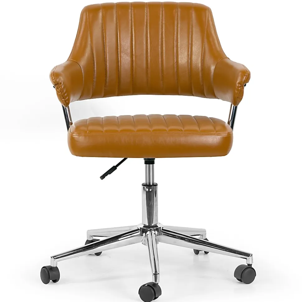 Glamour Home Avery Ergonomic Faux Leather Mid-Back Adjustable-Height Swivel Task Chair, Brown/Chrome