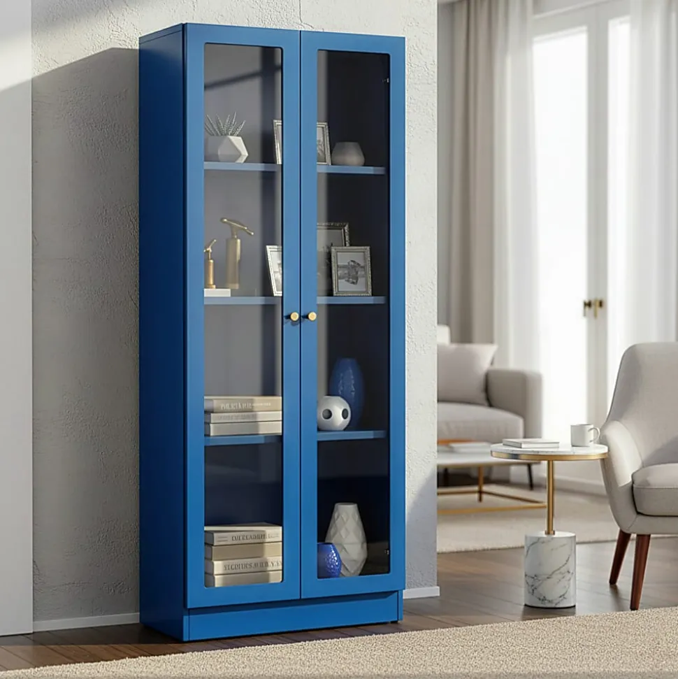 Glamour Home Avice 24"W 4-Shelf Metal Cabinet With Doors, Blue