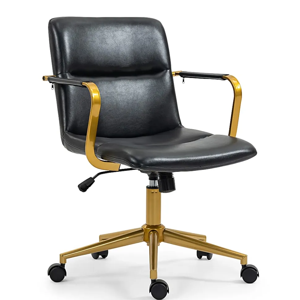 Glamour Home Azel Ergonomic Faux Leather Mid-Back Office Task Chair, Black/Gold
