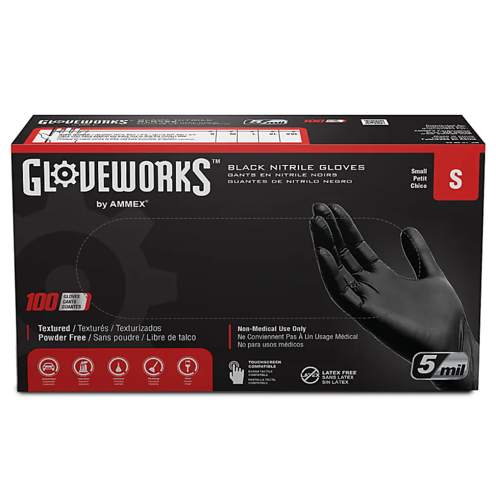 Gloveworks Black Nitrile Industrial Powder-Free Disposable Gloves, Small, Black, Box of 100 Gloves