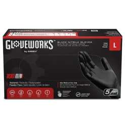 Gloveworks Black Nitrile Industrial Powder-Free Disposable Gloves, Large, Black, Box Of 100 Gloves