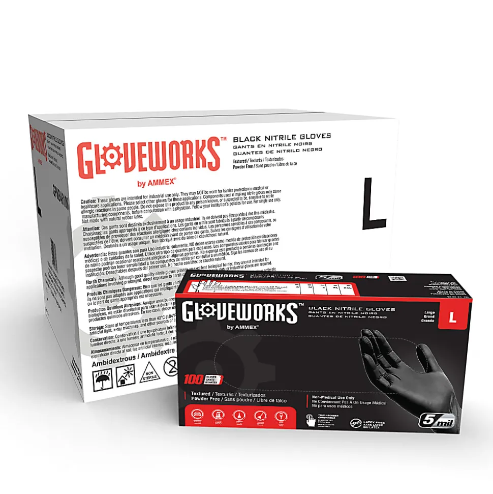 Gloveworks Black Nitrile Industrial Powder-Free Disposable Gloves, Large, Black, Box Of 100 Gloves