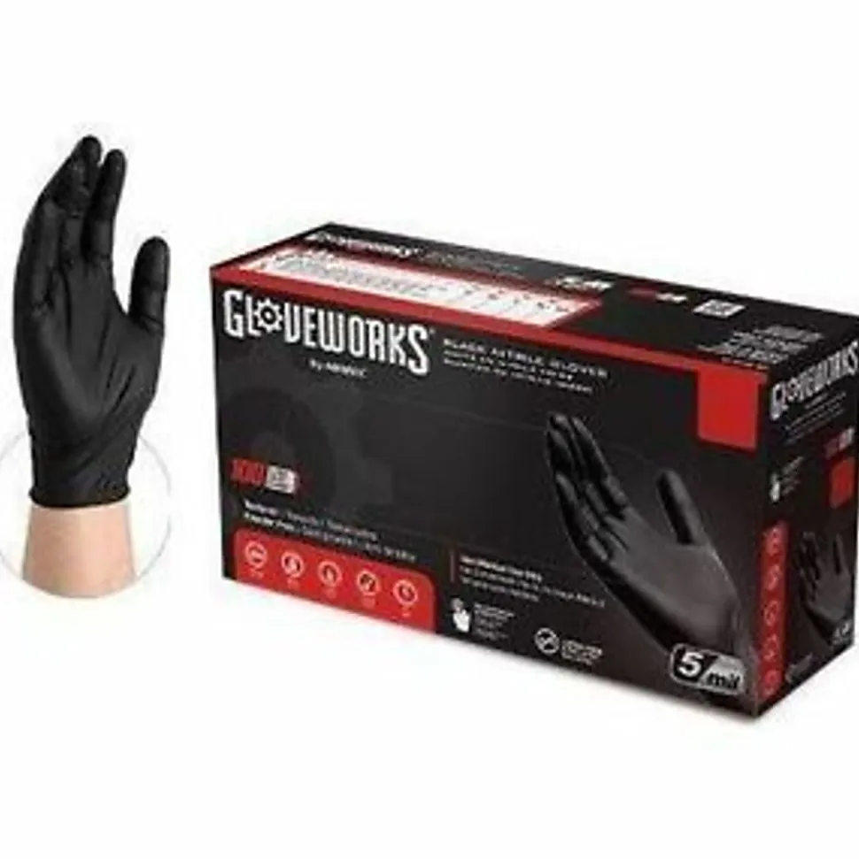 Gloveworks Black Nitrile Industrial Powder-Free Disposable Gloves, Large, Black, Box Of 100 Gloves