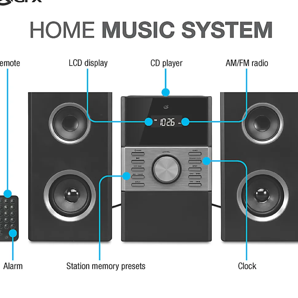 GPX HC425B 2-Channel Stereo Home Music System With AM/FM Radio, 9-1/2”H x 7-1/8”W x 5-15/16”D