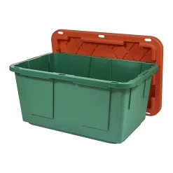 GreenMade® Professional Storage Tote With Handles/Snap Lid, 14-3/4”H x 20-1/4”W x 30-1/10”L, 27-Gallon, Green/Red