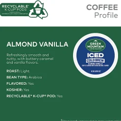 Green Mountain Coffee Iced Cold Brew Coffee Keurig K-Cup Pods, Single Serve, Almond Vanilla, Pack Of 20 Pods