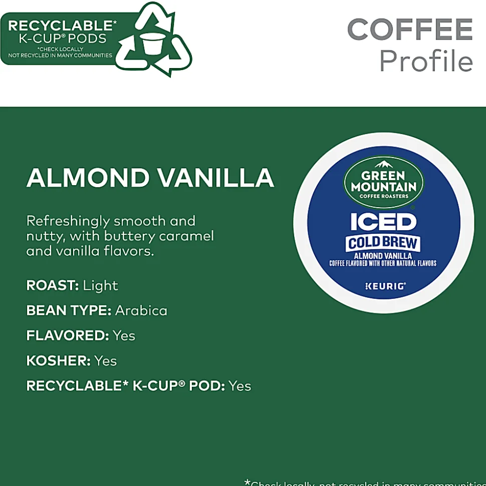 Green Mountain Coffee Iced Cold Brew Coffee Keurig K-Cup Pods, Single Serve, Almond Vanilla, Pack Of 20 Pods