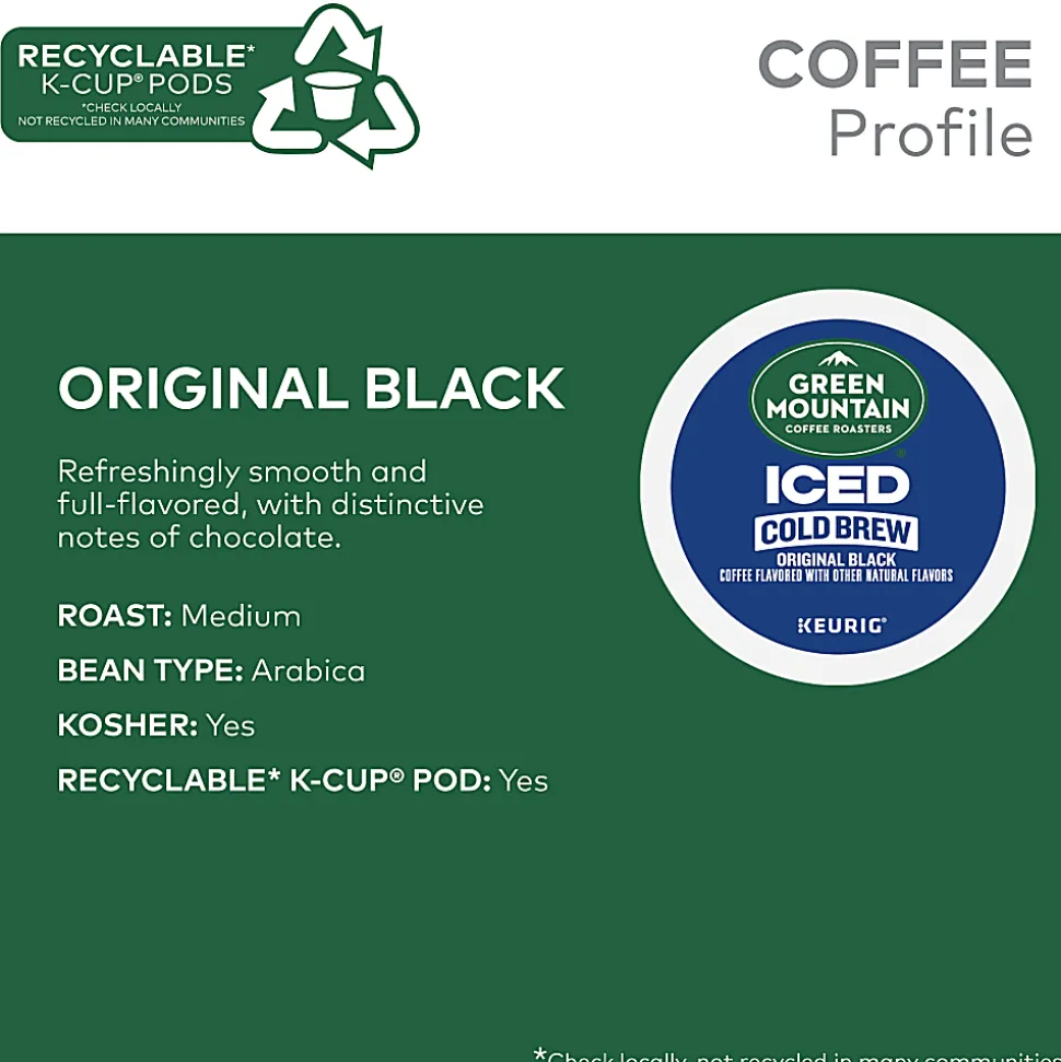 Green Mountain Coffee Iced Cold Brew Coffee Keurig K-Cup Pods, Single Serve, Original Black, Pack Of 20 Pods