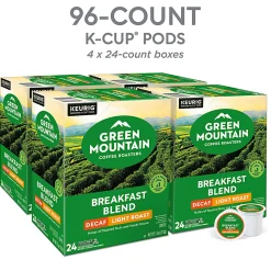 Green Mountain Coffee Roasters® Single-Serve Coffee K-Cup®, Decaffeinated, Breakfast Blend, Carton Of 96, 4 Boxes of 24 pods