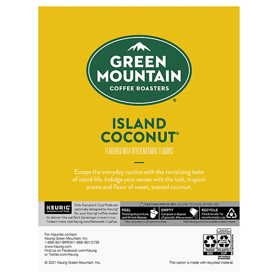 Green Mountain Coffee® Single-Serve Coffee K-Cup®, Island Coconut, Carton Of 24