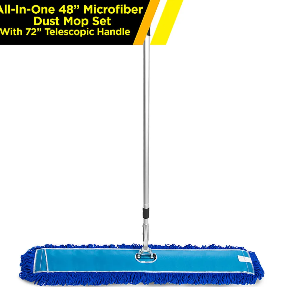 Gritt Commercial All-In-One Microfiber Dust Mop Set With 72" Telescopic Handle, 48", Blue/Silver