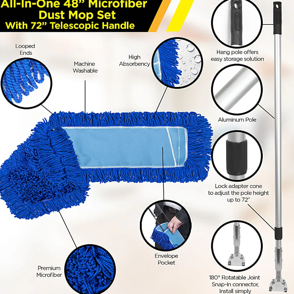 Gritt Commercial All-In-One Microfiber Dust Mop Set With 72" Telescopic Handle, 48", Blue/Silver