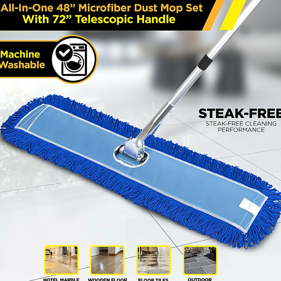 Gritt Commercial All-In-One Microfiber Dust Mop Set With 72" Telescopic Handle, 48", Blue/Silver
