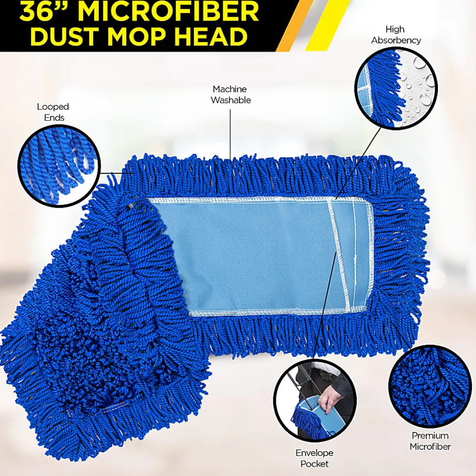 Gritt Commercial Microfiber Looped Dust Mop Pad Head, 36", Blue, Pack Of 3 Pad Heads