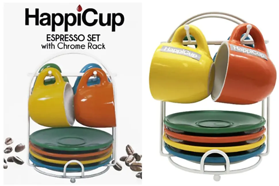 HappiCup Espresso Cups With Saucers And Rack, 1 Oz, Assorted Colors, Set Of 4 Cups
