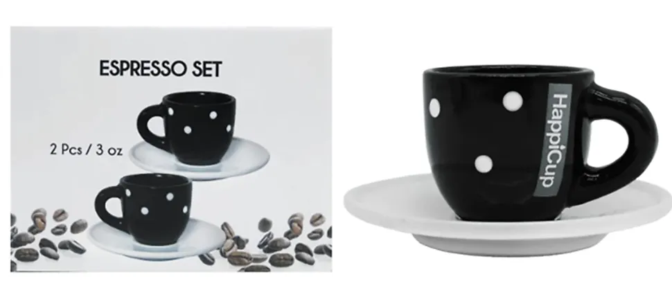 HappiCup Espresso Cups With Saucers, 1 Oz, Polka Dots, Set Of 2 Cups
