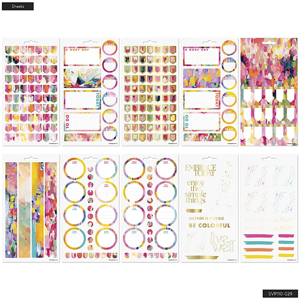 Happy Planner Bright & Brushy Sticker Sheets, Pack Of 10 Sheets, 303 Total Stickers