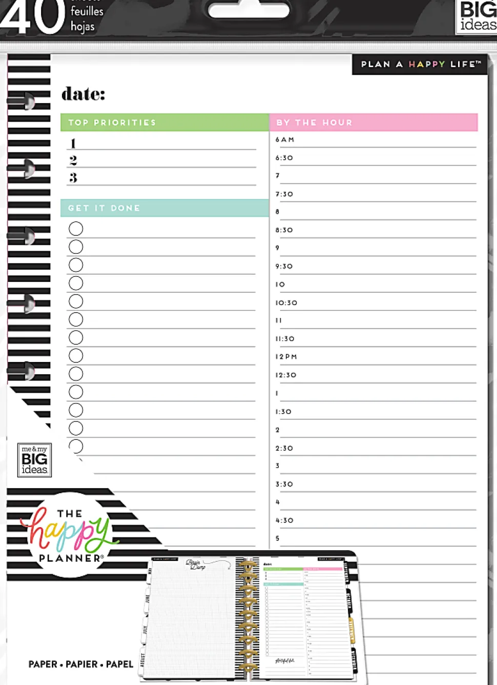 Happy Planner Classic Filler Paper, 40 Sheets, 7" x 9-1/4", Daily