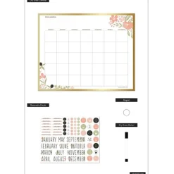 Happy Planner Non-Magnetic Dry-Erase Calendar Board, Tinned Iron, 20” x 16”, Happy Florals, Brushed Gold Metal Alloy Frame